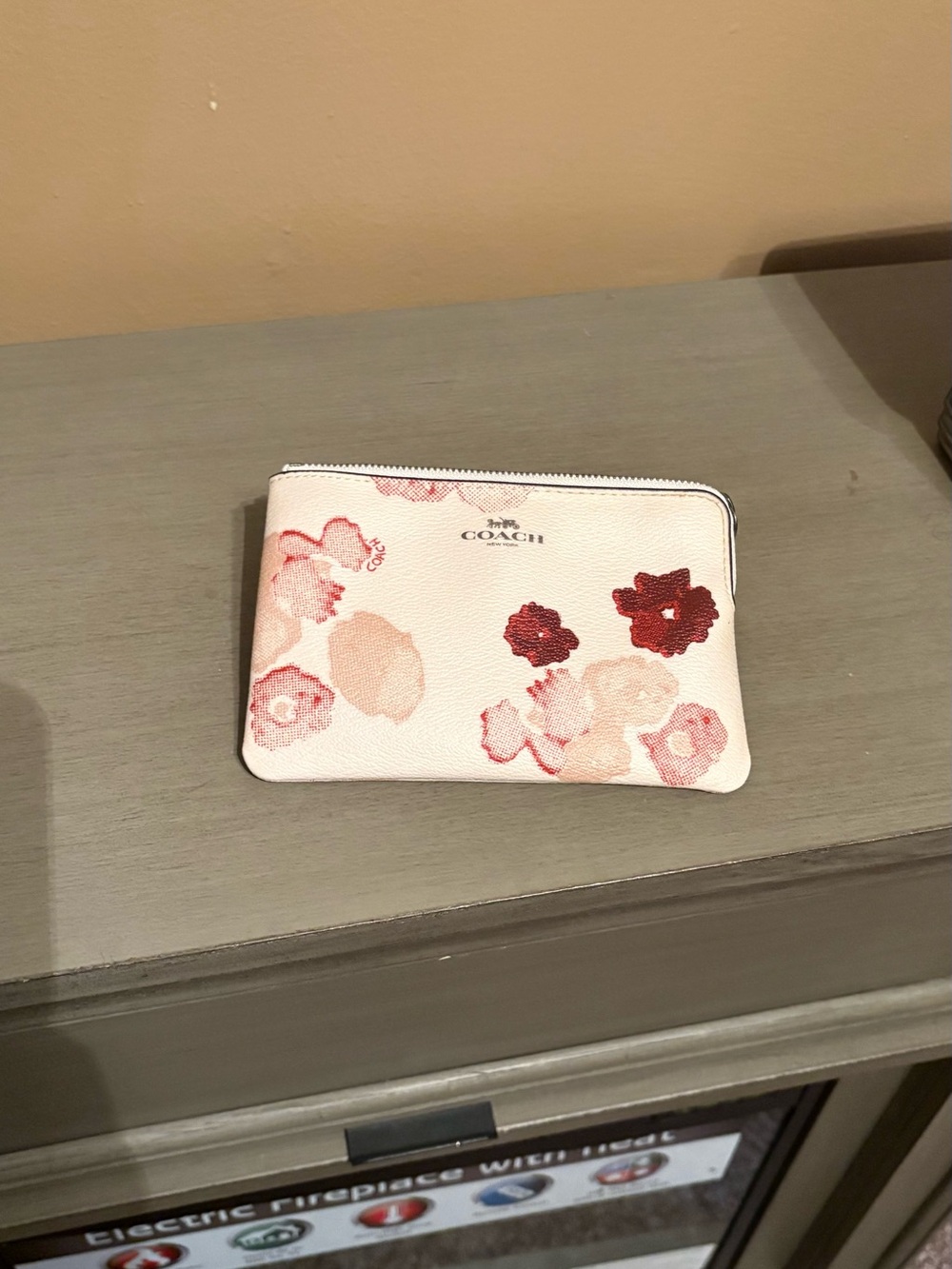 Coach Floral Zip Pouch - White with Pink & Burgundy Flowers